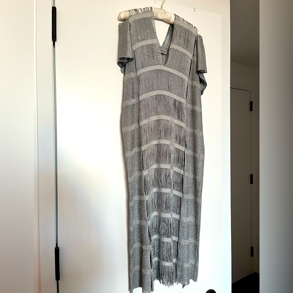 Elegant Silver Fringe Midi Dress